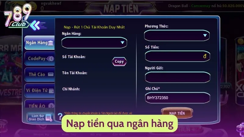 Nạp tiền qua ngân hàng